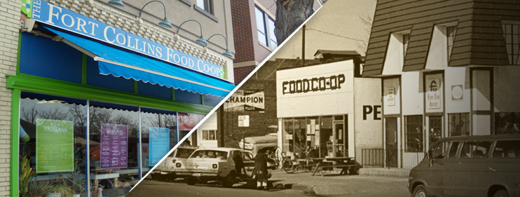 shows the current facade of the Fort Collins Food Co-op as well as a photo of how the store looked in the past